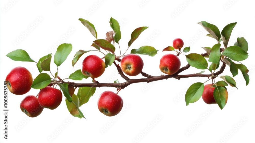 Obraz premium Apple tree branch laden with ripe red fruits and green leaves, isolated against a white backdrop