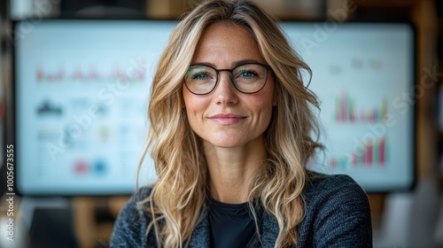 A confident woman with glasses smiles in front of business graphs and charts.