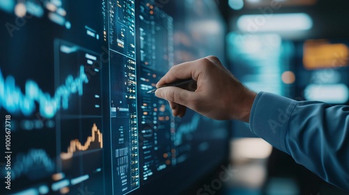 A focused hand interacting with a digital screen displaying financial data, stock graphs, and analytical charts.