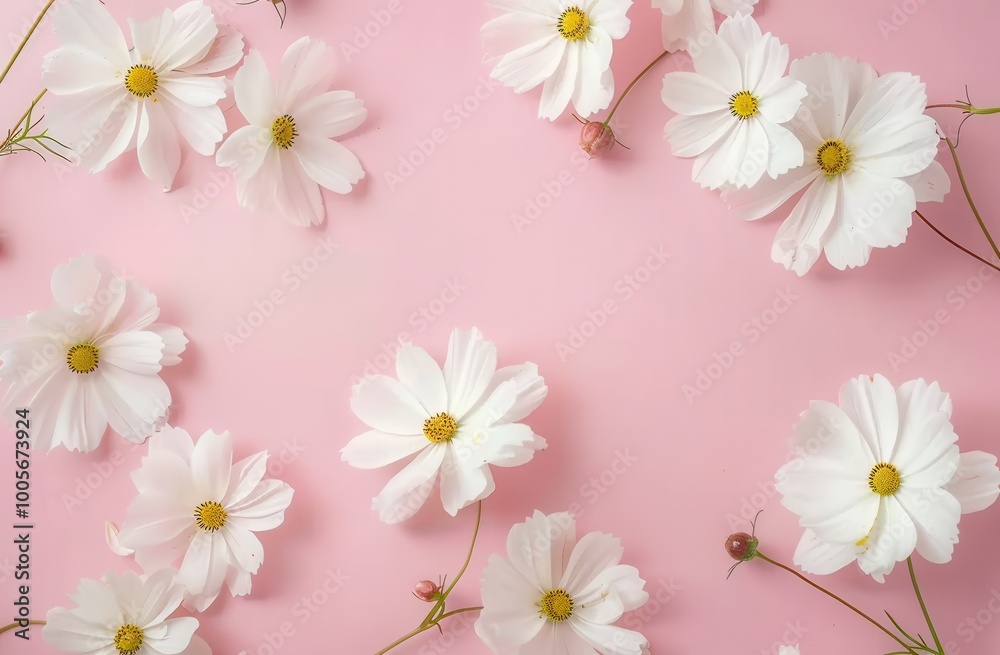 Delicate White Cosmos Flowers on a Soft Pink Background