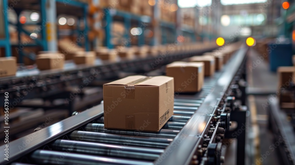 Efficiently moving boxes through a busy warehouse conveyor system during a bright afternoon. Generative AI