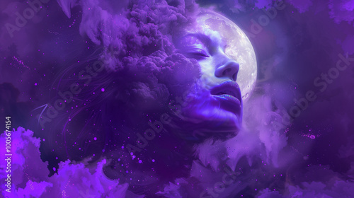 Surreal portrait of a woman blending with a glowing moon, floating in purple clouds, evoking a dreamlike atmosphere of tranquility and cosmic introspection.