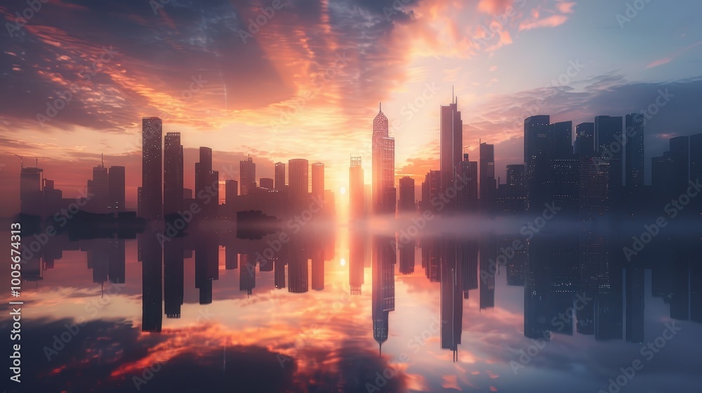 City Skyline Reflected in Water at Sunset City Skyline Reflected in Water at Sunset