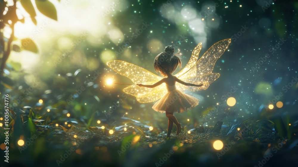 Fototapeta premium A Fairy with Golden Wings and a Wand Casts a Spell in a Magical Forest