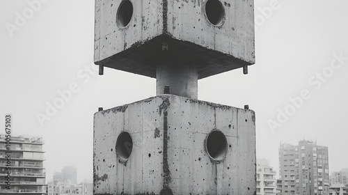 An abstract conceptual image showcasing a skewed disorderly framework of a building where the beams are misaligned and hanging loosely creating a sense of chaos and unconventional design photo