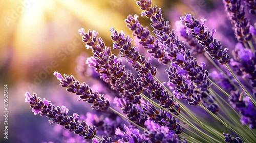 A close-up shot of purple lavender flowers in bloom, with a soft, blurred background of golden sunlight. photo