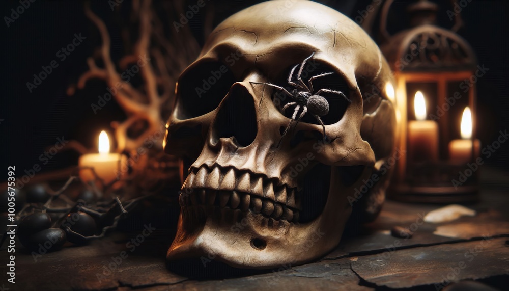 Weathered Human halloween Skull with Lurking Spider in Eye Socket Illuminated by Eerie Candlelight Weathered Human halloween Skull with Lurking Spider in Eye Socket Illuminated by Eerie Candlelight