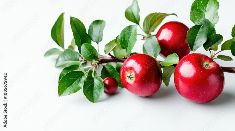 Close-up of a branch with ripe red apples and glossy green leaves, isolated on a white surface Close-up of a branch with ripe red apples and glossy green leaves, isolated on a white surface