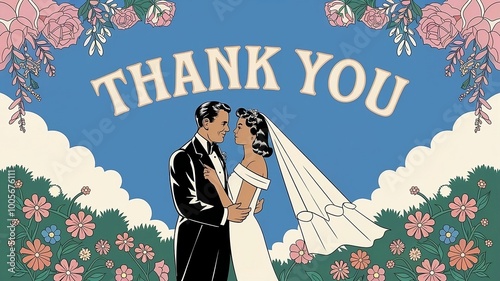 Vintage Wedding Thank You Card Elegant Couple Floral Design