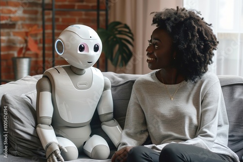 Smiling woman sitting with humanoid robot on couch, sharing mome photo