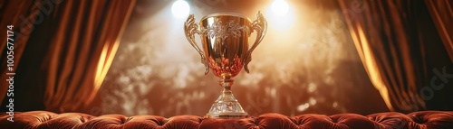 Championship trophy on stage with dramatic lighting and rich velvet background.