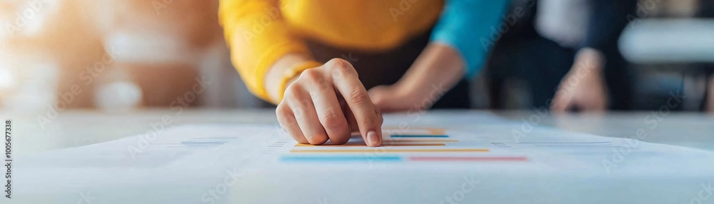 Close-up of a hand pointing at a graph on a table, symbolizing analysis and teamwork in a modern office environment. Close-up of a hand pointing at a graph on a table, symbolizing analysis and teamwork in a modern office environment.