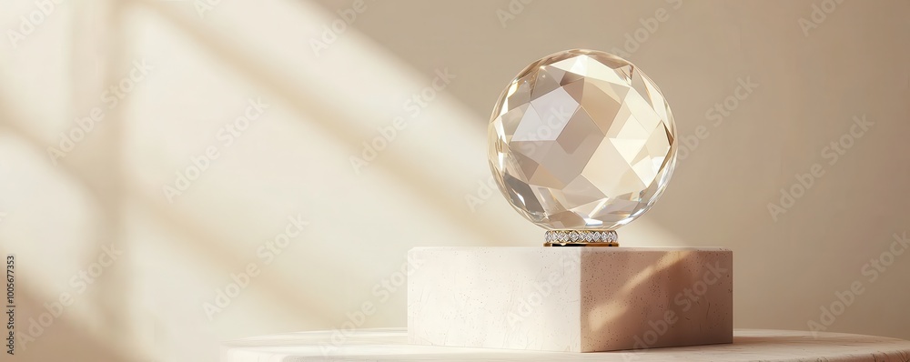 Crystal globe on a pedestal with soft lighting, elegant and minimalist design. Crystal globe on a pedestal with soft lighting, elegant and minimalist design.