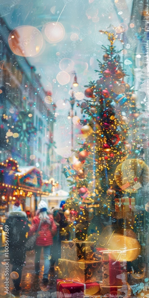 Double exposure of Christmas gifts and a festive carnival scene for a lively atmosphere. Double exposure of Christmas gifts and a festive carnival scene for a lively atmosphere.