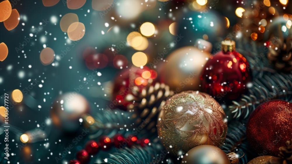 Close-up of Christmas ornaments with snowflakes and bokeh lights, creating a festive holiday atmosphere. Close-up of Christmas ornaments with snowflakes and bokeh lights, creating a festive holiday atmosphere.