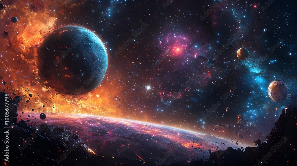 Obraz premium Breathtaking cosmic scene showcasing a mesmerizing swirl of vibrant boldly colored planets stars and nebulae set against the vast endless expanse of the universe