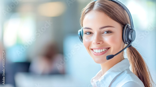 Smiling customer service representative wearing headset in office