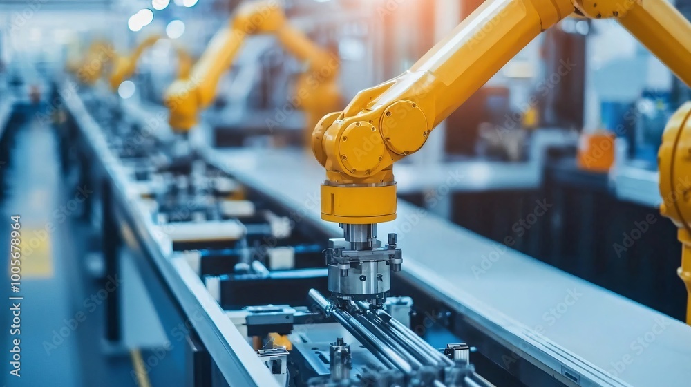 Industrial Robot Arm on Assembly Line in Factory Industrial Robot Arm on Assembly Line in Factory