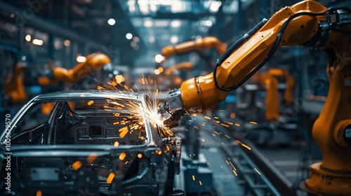 Industrial Robot Welding Car Body on Assembly Line