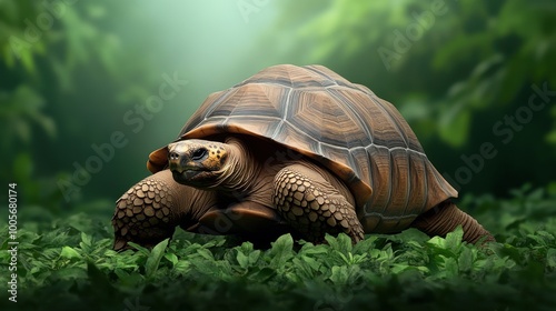 A tortoise moving through lush greenery in a natural forest setting.