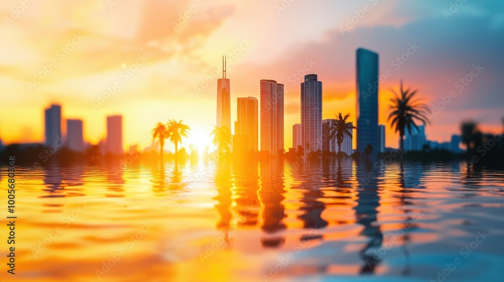 Fototapeta premium Climate Change Devastation: City Skyline Submerged in Floodwaters with Abstract Global Warming Shapes, Copy Space for Text