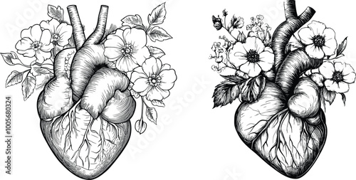Floral Heart Anatomy Illustration. Detailed Vector Art