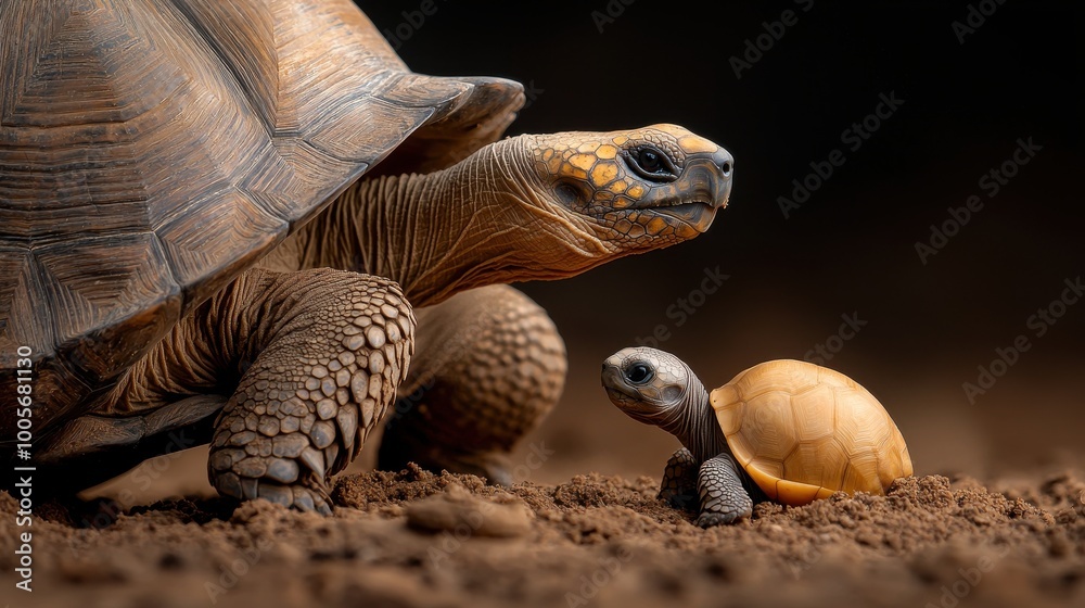 Obraz premium Tortoise and baby tortoise on a dirt background.