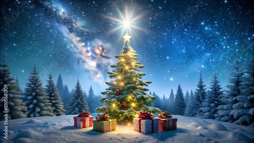 christmas tree and gift boxes on snow in night