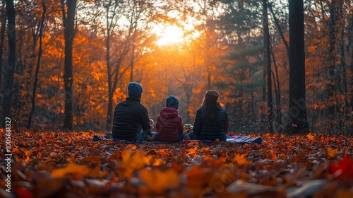 A family enjoys a serene sunset in a colorful autumn forest.
