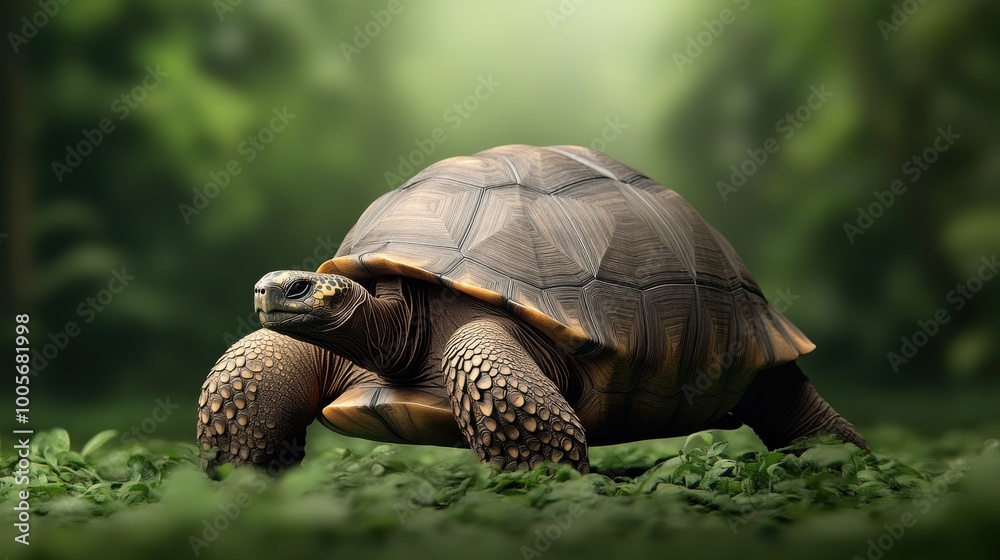 Fototapeta premium A tortoise walking on grass against a green forest background.
