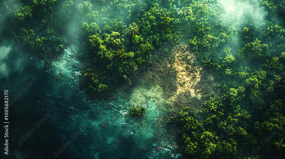aerial view of lush tropical rainforest canopy and coastline with mist and fog - drone photography aerial view of lush tropical rainforest canopy and coastline with mist and fog - drone photography
