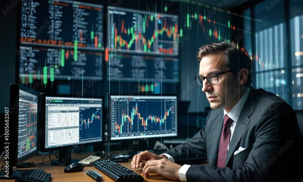 A high-level investment banker working late at night, staring intently at dual monitors displaying financial analysis and global market trends A high-level investment banker working late at night, staring intently at dual monitors displaying financial analysis and global market trends