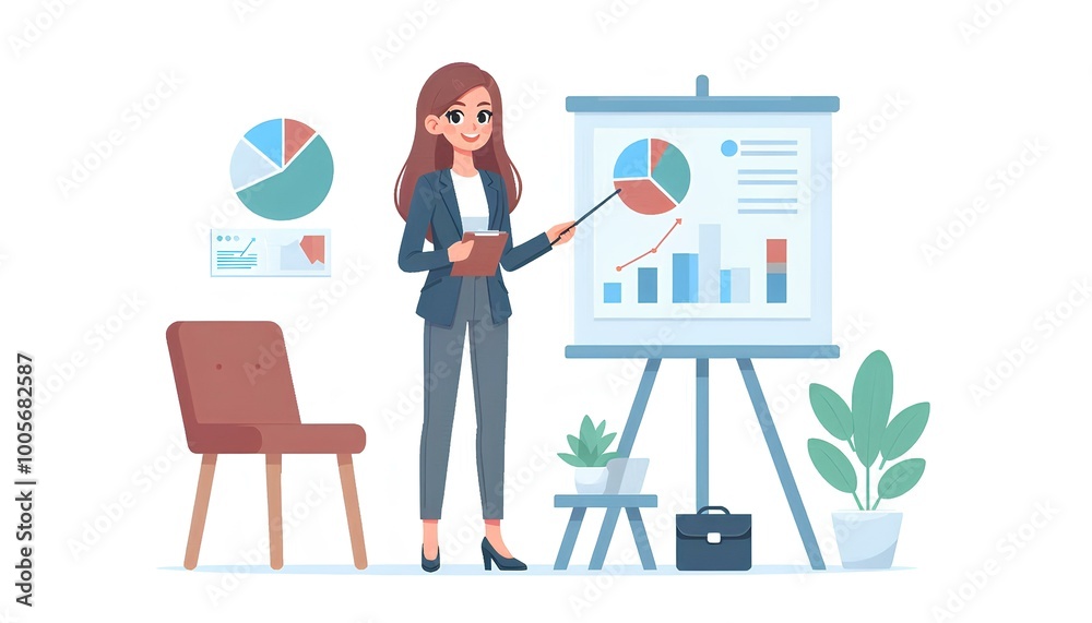 Flat Design Businesswoman Presentation with Charts Flat Design Businesswoman Presentation with Charts