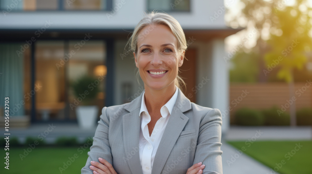 Confident Real Estate Agent Smiling in Front of Modern Luxury Home – Realtor Headshot for Real Estate Marketing and Property Listing