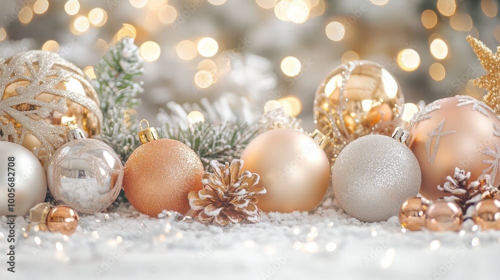 Christmas background with decorations and bokeh lights on a white table, in a color palette of gold, silver, and rose gold. Christmas background with decorations and bokeh lights on a white table, in a color palette of gold, silver, and rose gold.