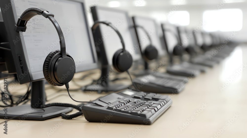Organized Workspace with Row of Headsets on Cubicles, Copy Space Available in Modern Office Setting Organized Workspace with Row of Headsets on Cubicles, Copy Space Available in Modern Office Setting