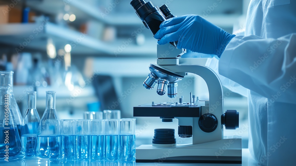 Lab technician using microscope in laboratory Lab technician using microscope in laboratory