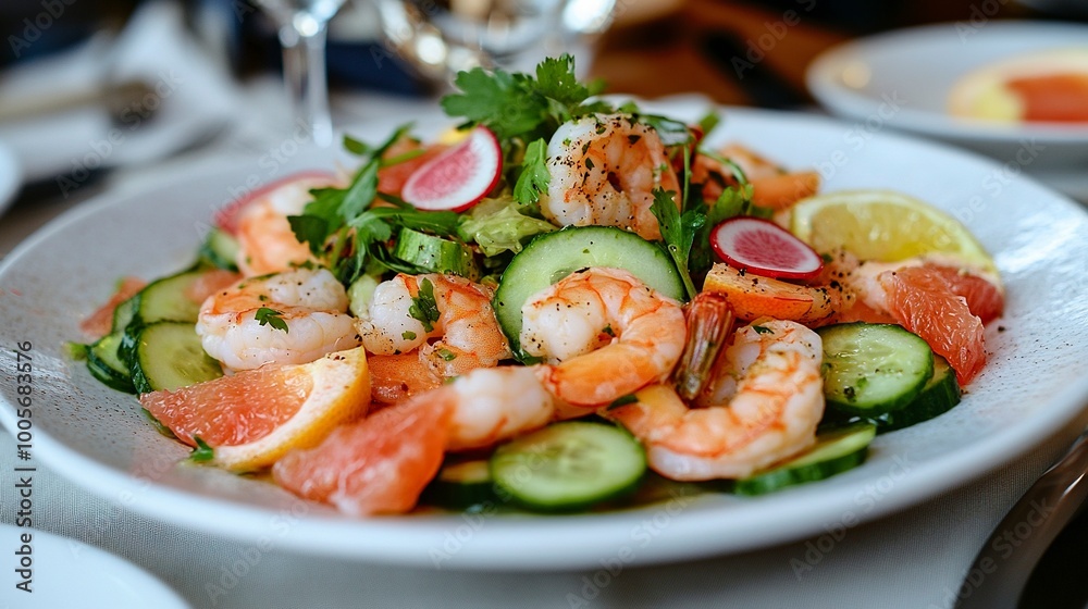 Salad with shrimp, grapefruit, cucumber, radish is served on a large white plate in the restaurant. Close-up. Restaurant menu. generative ai Salad with shrimp, grapefruit, cucumber, radish is served on a large white plate in the restaurant. Close-up. Restaurant menu. generative ai