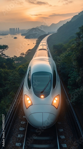 high-speed train on tracks at sunset in hong kong, china