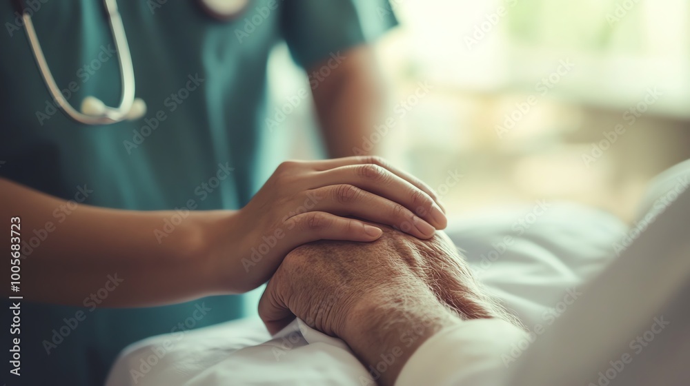 Caregiver holds elderly patient's hand. Caregiver holds elderly patient's hand.