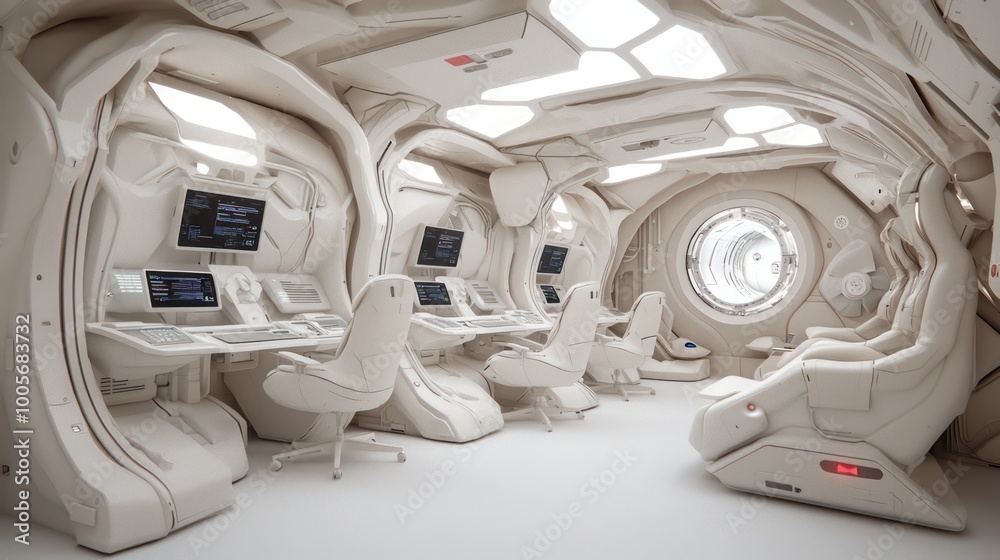Modern Call Center Concept with Vacant Desks for Copy Space Overlay Modern Call Center Concept with Vacant Desks for Copy Space Overlay