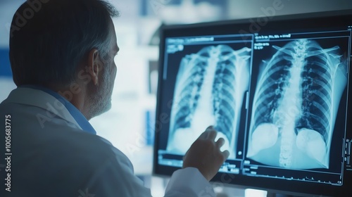 Doctor analyzing chest X-rays on a monitor photo