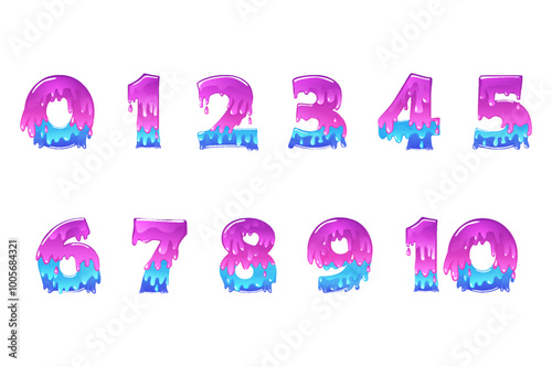 Slime or mucus Numbers, purple figures from 0 to 10. Slime font type numbers Latin alphabet. Calligraphy, lettering, typography for slime production