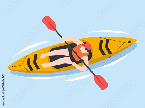 Person kayaking in a yellow kayak with red paddles