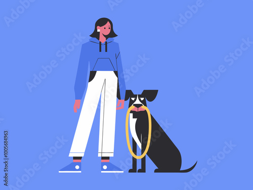 Person standing with dog on leash illustration