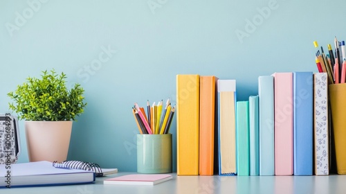 A variety of educational books and colorful stationery arranged on a desk, perfect for a realistic study space, with a clean and simple background