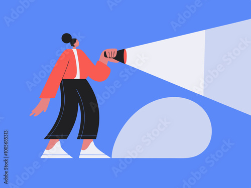 Person holding flashlight in dark area illustration