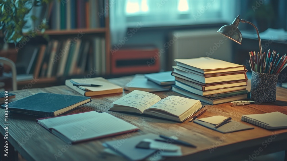A variety of textbooks, notebooks, and pens scattered on a wooden table, creating a realistic study environment with soft lighting in the background A variety of textbooks, notebooks, and pens scattered on a wooden table, creating a realistic study environment with soft lighting in the background