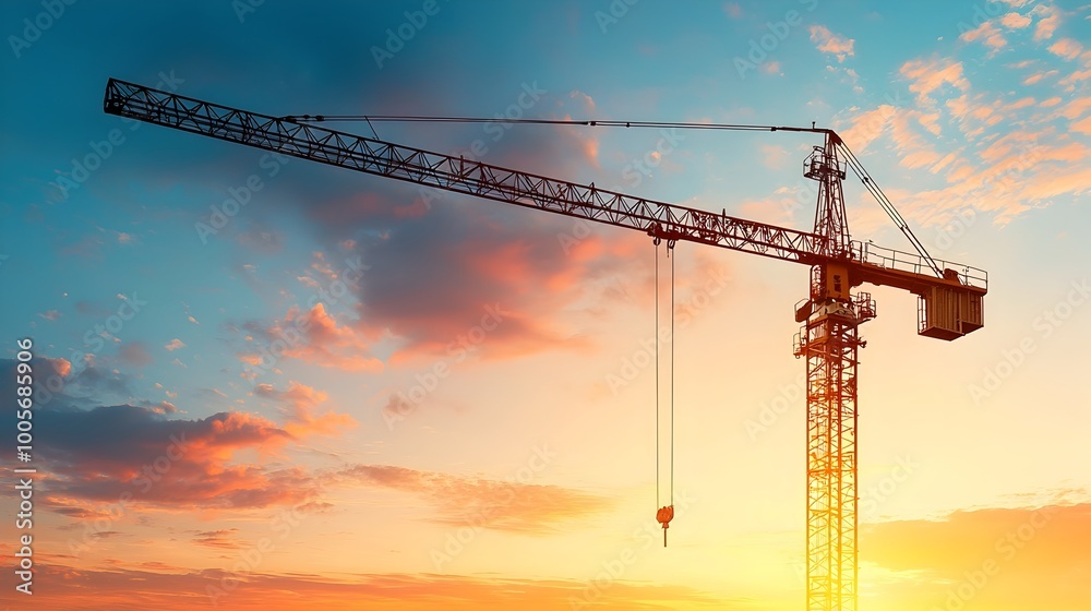 Crane s arm silhouetted against a vibrant sunrise sky ready to lift and hoist at a bustling construction site with the city skyline in the background Crane s arm silhouetted against a vibrant sunrise sky ready to lift and hoist at a bustling construction site with the city skyline in the background