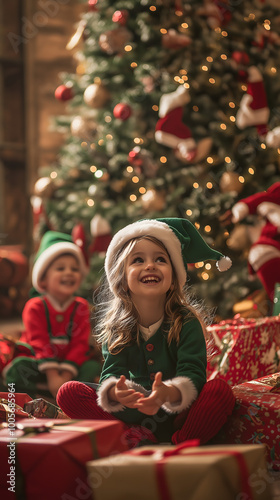 Two happy kids in Christmas elf hats in festive room opening colorful presents with Christmas tree in background, celebrating Christmas together, creating festive atmosphere.